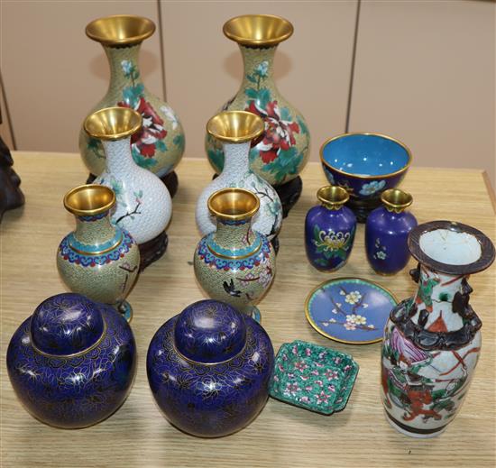 A collection of cloisonne items and stands (17 items)